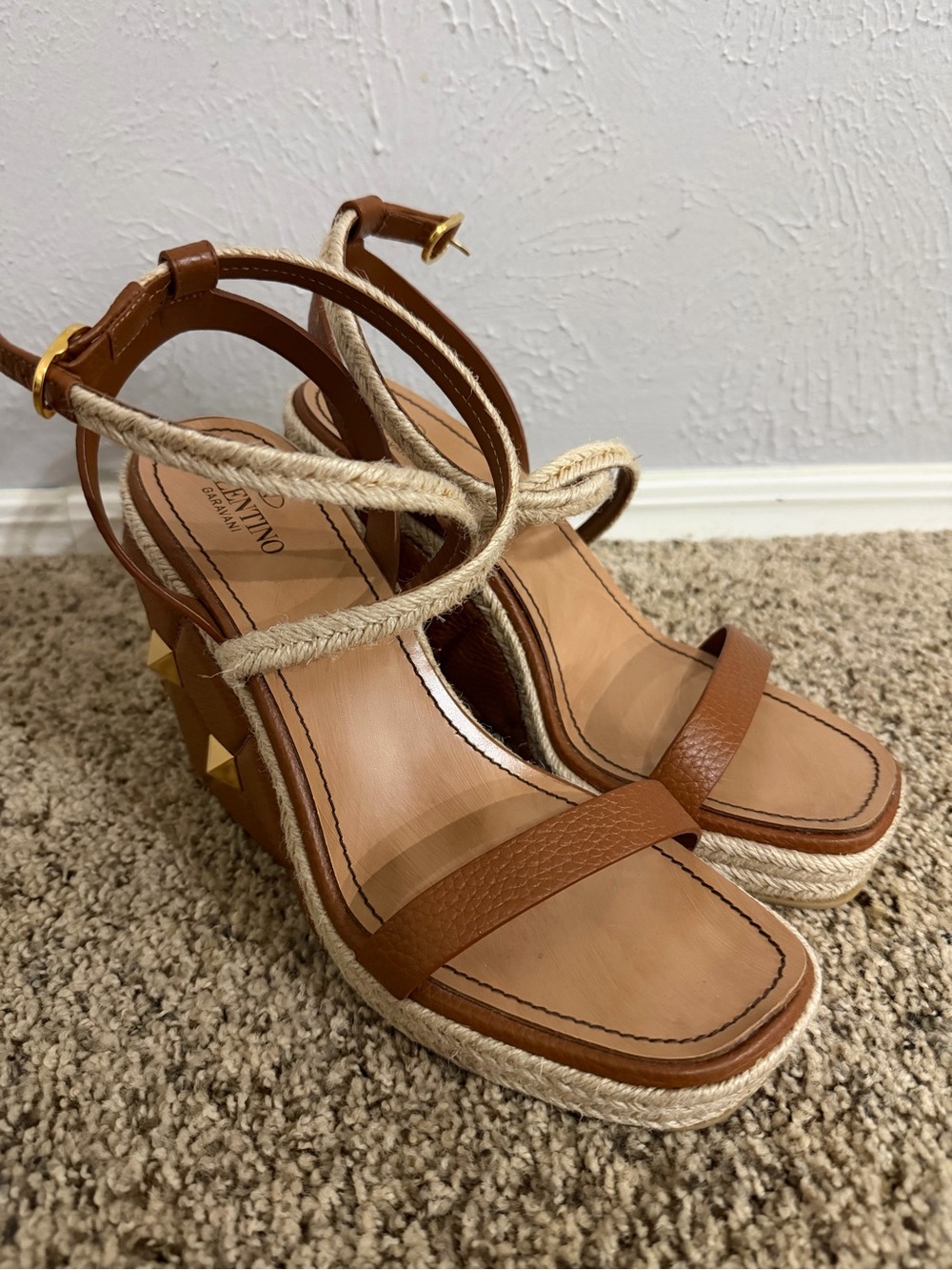 Valentino Brown Leather Rope-Wrap Wedge Sandals